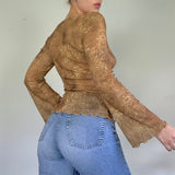 Elegant Lady Autumn T-shirt 90s Vintage Y2K Fairy Grunge Long Sleeve V Neck Mesh See Through Sexy Crop Top Women Tees Shirt