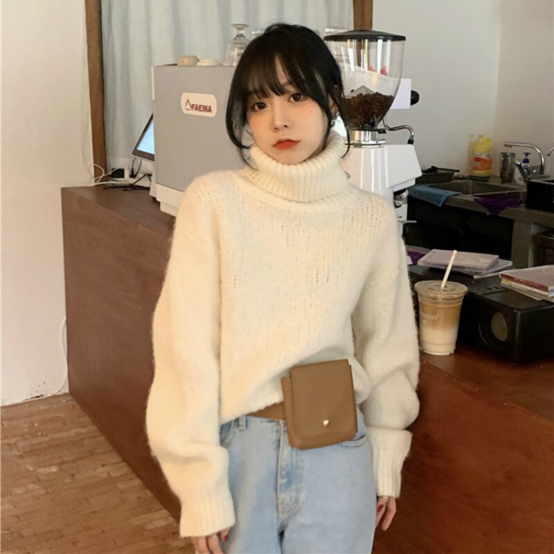 Christmas Gift 2021 Women Winter Thick Warm Turtleneck Short Sweater Full Sleeve Loose Knitted Pullover Jumpers