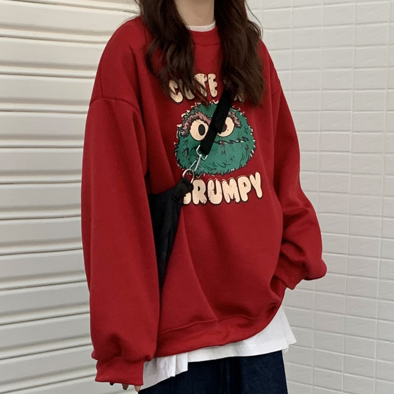 Christmas Gift Hoodies Women Loose O-Neck Printed BF All-match Students Simple Streetwear Chic Korean Style Womens Top Daily Friends Fashion