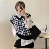 Christmas Gift Women Sweater Vest Autumn Houndstooth Plaid V-Neck Sleeveless Knitted Vintage Loose Oversized Female Pullover Waistcoat Tops
