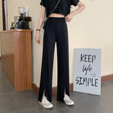 Christmas Gift High Quality 2021 Summer Wide Leg Ice Silk Pants Women High Waist Loose Casual Long Stacked Slit Pants Basic Women's Trousers