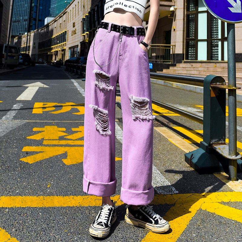 PENERAN Y2K Jeans With Belt Women High Waist Wide Leg Jeans Harajuku Pants Purple Yellow Holes Hollow Out Cargo Streetwear Oversize Pant