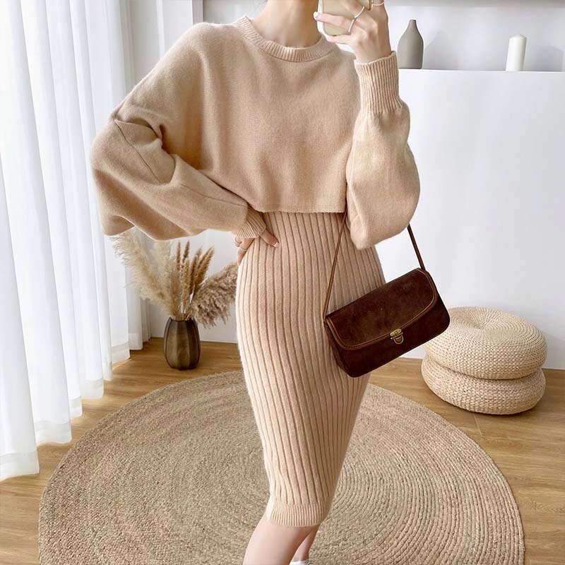 Black Fridays Sales Vintage Knitted Sweater Suits Autumn Winter Korean Long Sleeve Crop Top Pullovers And Long Vest Dress Knit Two Piece Set Outfits