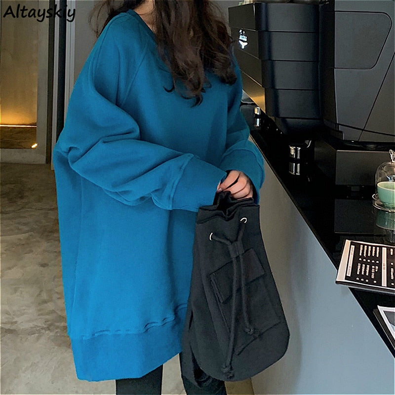 Hoodies Women Spring Chic Korean Style Trendy Casual Teens Solid Clothing Comfortable Long Sleeve Lady Clothes Blue Ins O-Neck
