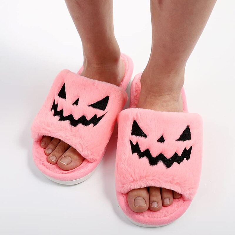 Peneran New Purple Halloween Fuzzy House Slippers - Jack O Lantern Pumpkin Shoes Funny Kawaii Slippers for Girls Claquette Femme