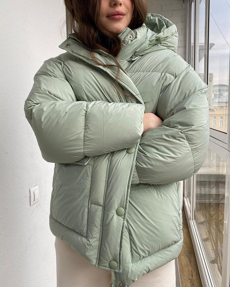 Christmas Gift  Hooded Cotton Liner Puffer Jacket Women Autumn Winter Solid Thicken Bubble Coat Female Padded Parkas Casual Outerwear