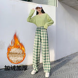 Christmas Gift Checkered Pants Plaid Pants Women 2021 Autumn and Winter Wide-leg Pants High-waist Straight-leg Student Casual Trousers Thick