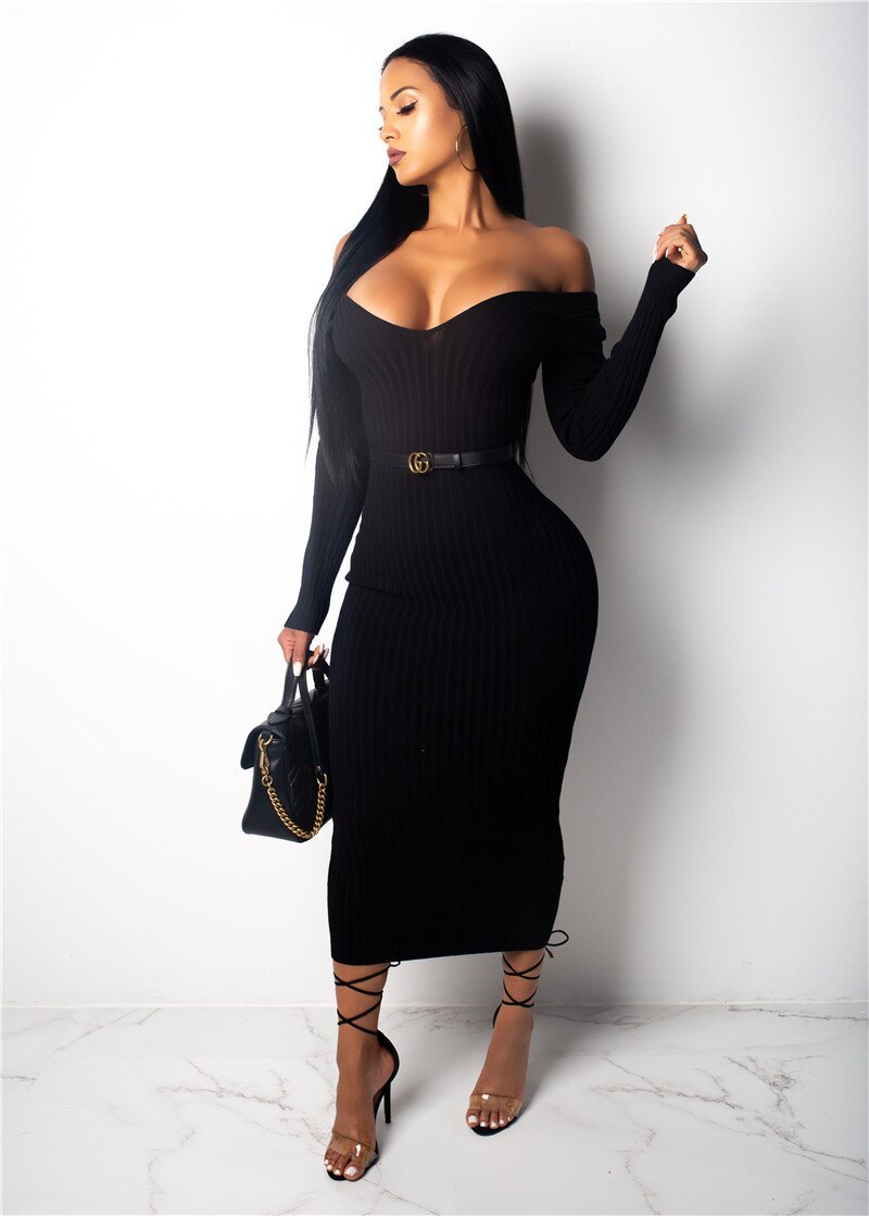 Sexy Knitted Long Sleeve Dress Women Autumn Winter Slim Warm Off Shoulder Dresses Strapless Backless 2020 Female Clothing