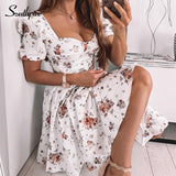 PENERAN Bohe Flower Print White Dress Women 'S Short Puff Sleeve Zipper Mini Sundress Elegant Summer Dress Ladies Clothing