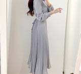 Peneran Chic Dress Woman Gray Blue Adjustable Waist V-neck Elegant Dress Vestidos OL Long Sleeve Pleated Dresses Autumn Spring
