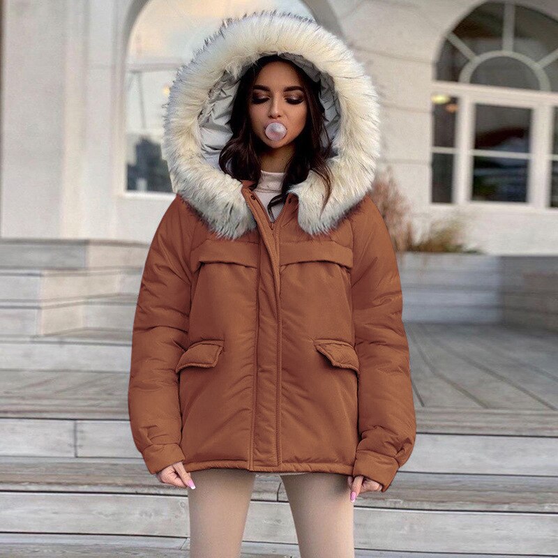 Christmas Gift Loose Hooded Furry Zipper Parkas Women Casual Long Sleeve Solid Pockets Zipper Warm Thick Coat Winter Vintage All Match Jacket
