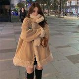 Fur Faux Fur Shaggy Coat Female Lamb Coats Fluffy Zipper Top Korean Fashion Large Pockets Velcro Stand Collar Bib Black Jacket
