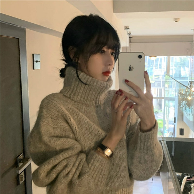 Christmas Gift 2021 Women Winter Thick Warm Turtleneck Short Sweater Full Sleeve Loose Knitted Pullover Jumpers