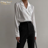 Christmas Gift  White Satin Lapel Women'S Blouse Autumn Long Sleeve Office Fashion Shirts Casual Chic Slim Blouses Top Female Buttons