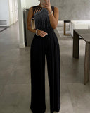 Graduation Gifts Women Studded Cutout Ruched Wide Leg Jumpsuit New Elegant Round Neck Sleeveless Long Pants Office Lady Casual Clothing 2022 New mh0416