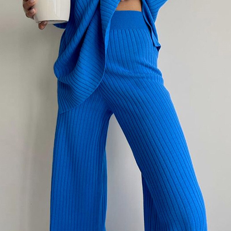PENERAN Back To School Women Knitted Outfits Two Piece Set Solid Casual Pullover Tops Hight Waist Long Pants Suit Autumn Winter Oversized Sweater Suits