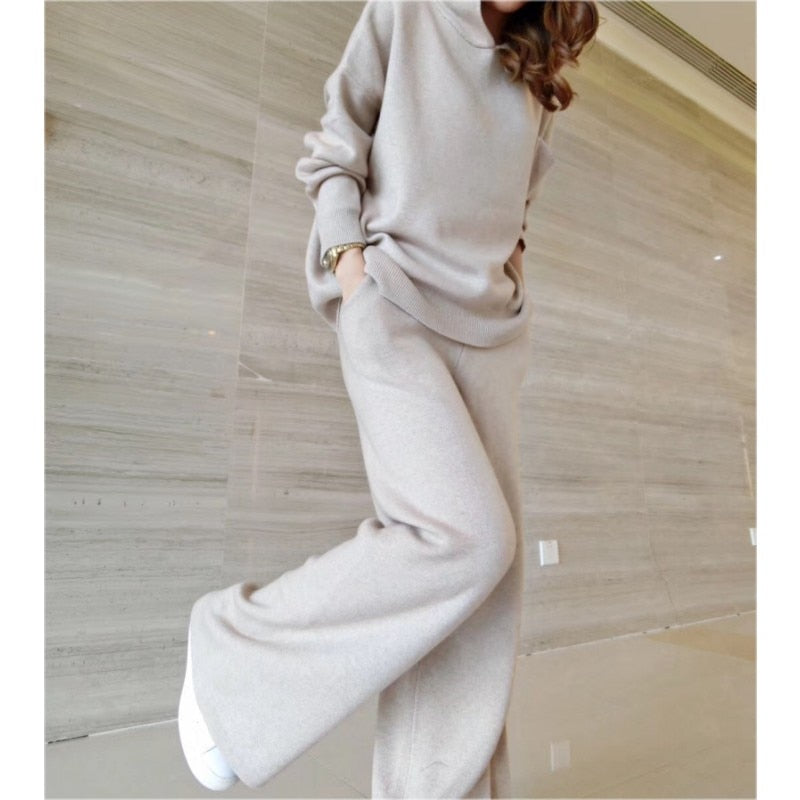 PENERAN 2022  Autumn Winter Women  Solid Color Hooded Pullover Knit Sweater + Casual Wide Leg Pants Fashion Two Piece Set