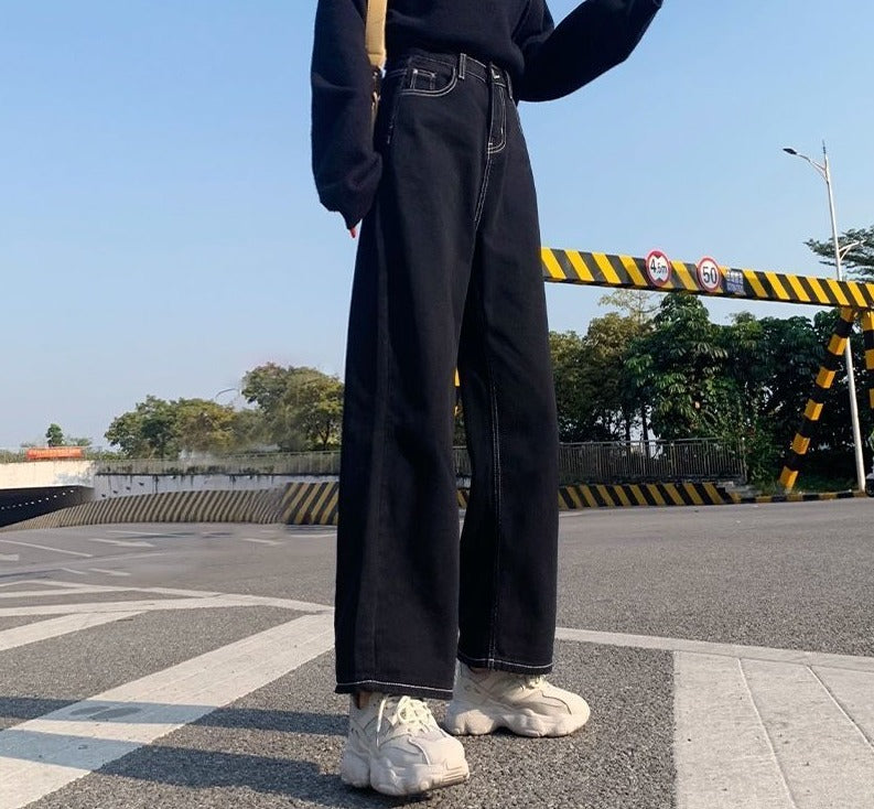 Peneran Jeans Women All-Match Korean Style Mopping Trousers Denim Vintage Black Solid High Waist Autumn Baggy Chic Ulzzang Street Casual