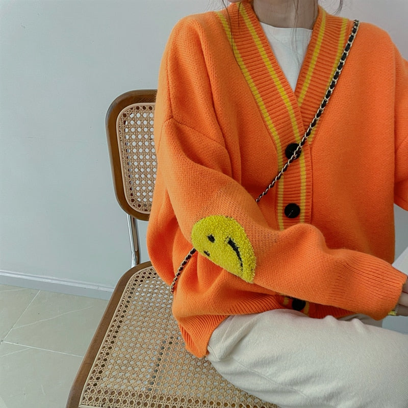 Graduation Gifts 2022 Autumn Winter New Casual Women Sweater Street Knit Cardigan Top Female V-neck Yellow Smiley Baggy Retro Striped Sueter