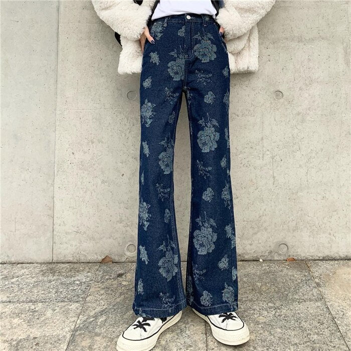 Peneran New Korean Streetwear Women Jeans Fashion Retro Rose Print Micro-flared Pants Female Y2k High Waist Casual Trousers Mujer