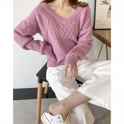 New Autumn Twist Sweater Woman V-neck Long-sleeve Loose Knitting Pullovers Jumper Female Apricot Warm Knitted Tops 2021