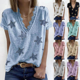 Peneran Summer V-Neck Print Lace T-Shirt Women Casual Loose Top Ladies Short Sleeve Basic Tees Camiseta De Mujer Female Clothing