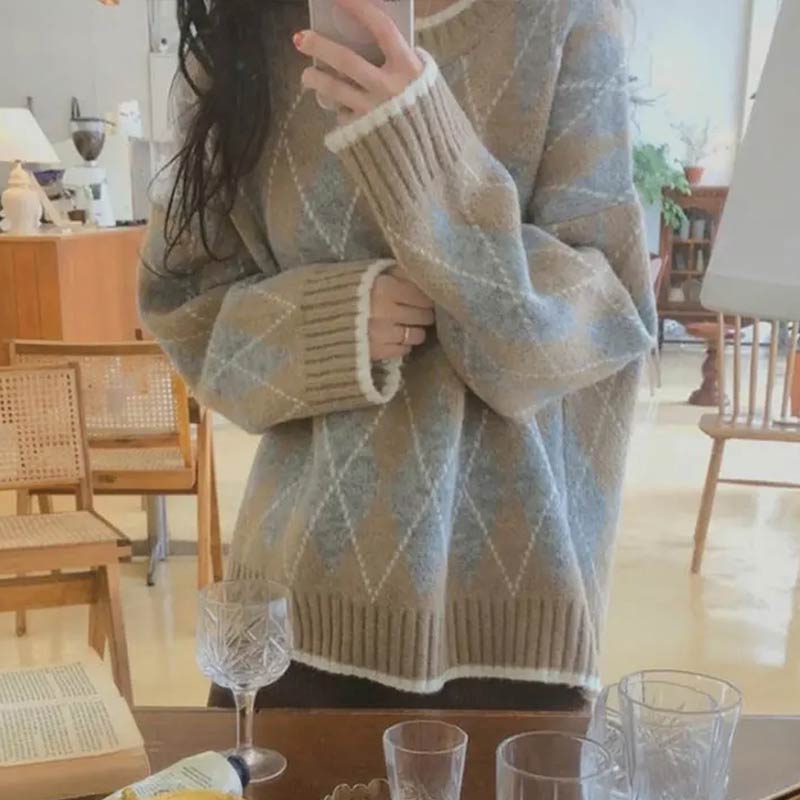 Women Knitted Sweater Fashion Oversized Pullovers Winter Argyle Loose Sweater Korean College Style Women Jumper Sueter Mujer