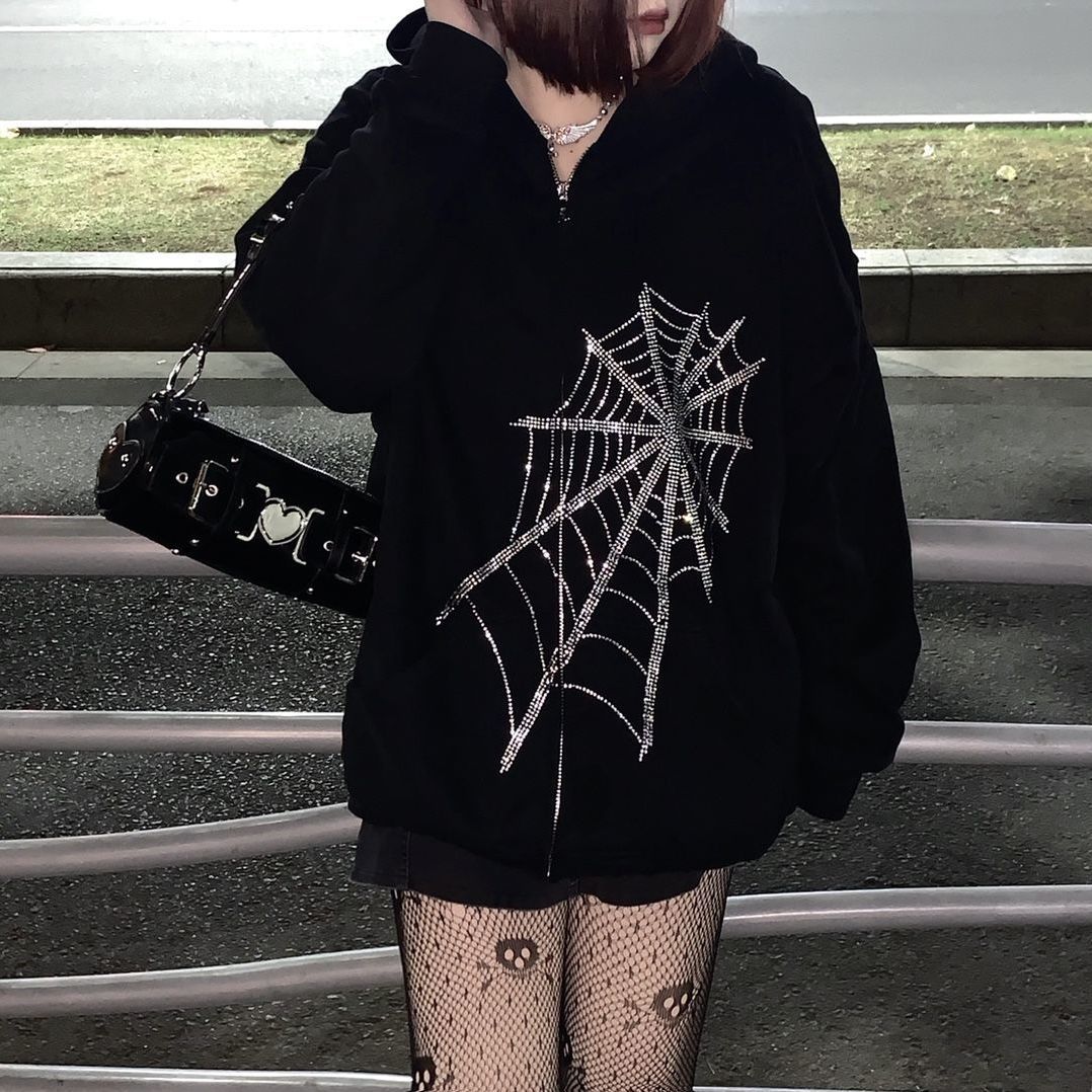 Christmas Gift Gothic Rhinestone Spider Print Women Long Sleeve Pullover Hoodies Zipper Loose Oversized Streetwear Casual 2021 Y2k Autumn Coats