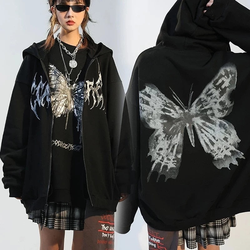 Peneran Christmas Gift Y2k Harajuku Hoodies Women Autumn Winter Hip Hop Zipper Butterfly Aesthetic Hooded Sweatshirt Female Goth Punk Jacket Coat