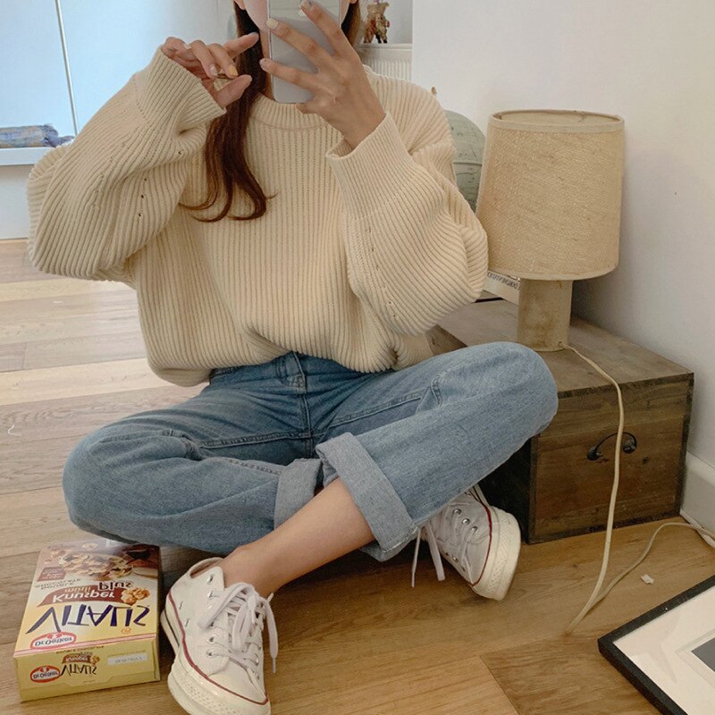 Peneran Women Solid Knitwear Sweaters Pullovers Female Long Sleeve Vintage O-Neck Knitted Jumpers Fashion Harajuku Oversized Sweater Top