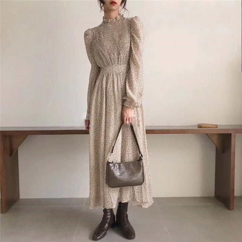 Christmas Gift  Palace Style Retro Chic 2021 Office Lady Elegant Print A-Line Floral Gentle Full-Sleeved Waist-Controlled Long Dresses
