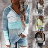 PENERAN Back To School Autumn Women Patchwork Hooded Sweater Long Sleeve V-Neck Knitted Sweater Casual Striped Pullover Jumpers 2022 New Female Hoodies