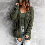 Women's Sweater Solid Color Pocket Mid-length Twist Knit Cardigan Coat 2021 Autumn and Winter Sweater Woman