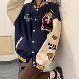 Back to School Vintage Bear Letters Baseball Jacket Coat Women Oversized Outerwear 2022 New Harajuku Korean Style Loose Jacket Students Girls