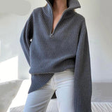 PENERAN  Knitted Pullover Women Zipper Turtleneck Plus Size Sweater Femme 2023 Autumn Korean Fashion Oversized Tops Split