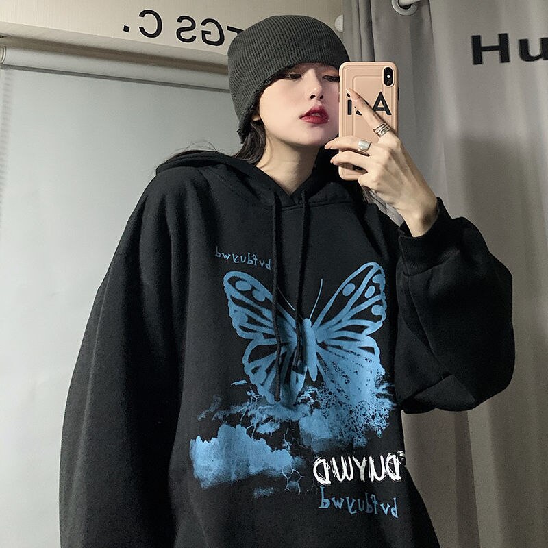Black Hoodies Women Streetwear Pullover Animal Print Hoodie Harajuku Korean Style Hooded Couple Sweatshirt Spring Coat