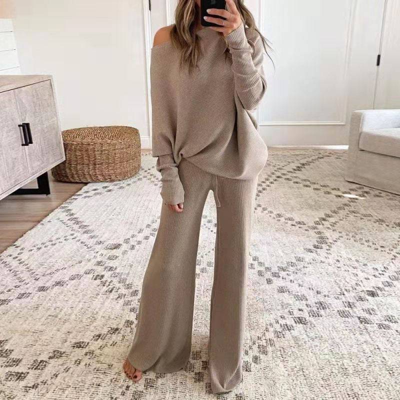 Peneran 2022 European And American New Women's Spring Casual Solid Color One Shoulder Women's Knit Suit
