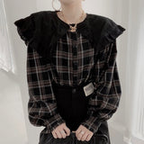 Christmas Gift Women Plaid Shirt Autumn Winter Korean Slim Pullover Women French Retro Doll Collar Lace Stitching Single Breasted Jumper