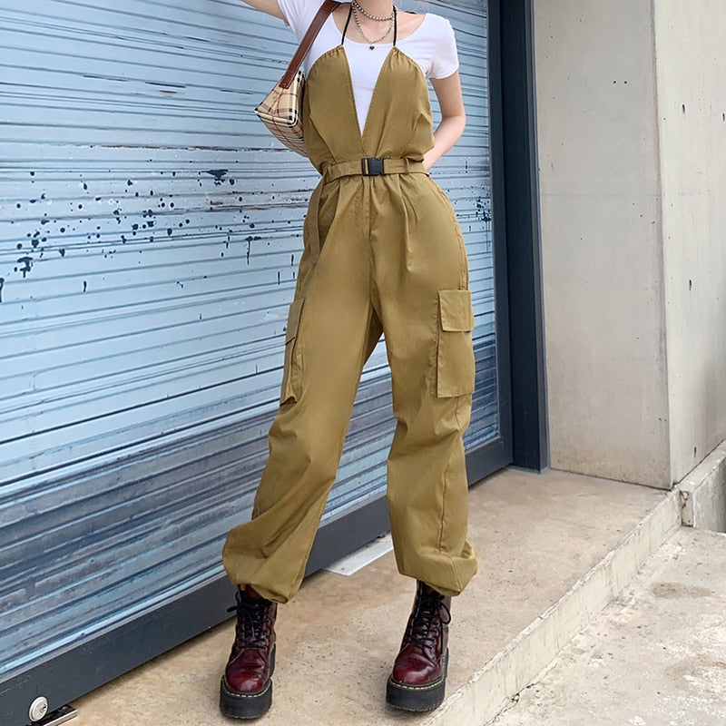 Christmas Gift Rockmore Gothic Black Overalls Womens Cargo Pants Plus Size Sling Bow Belt Dungarees Wide Leg Pants Casual Trousers Plus Size