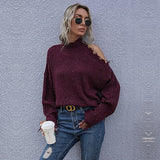 Loose Off-Shoulder Broken Hole Solid Color Long-sleeved High-neck Autumn Bat-Sleeve Knitted Sweater, Moderate Thickness