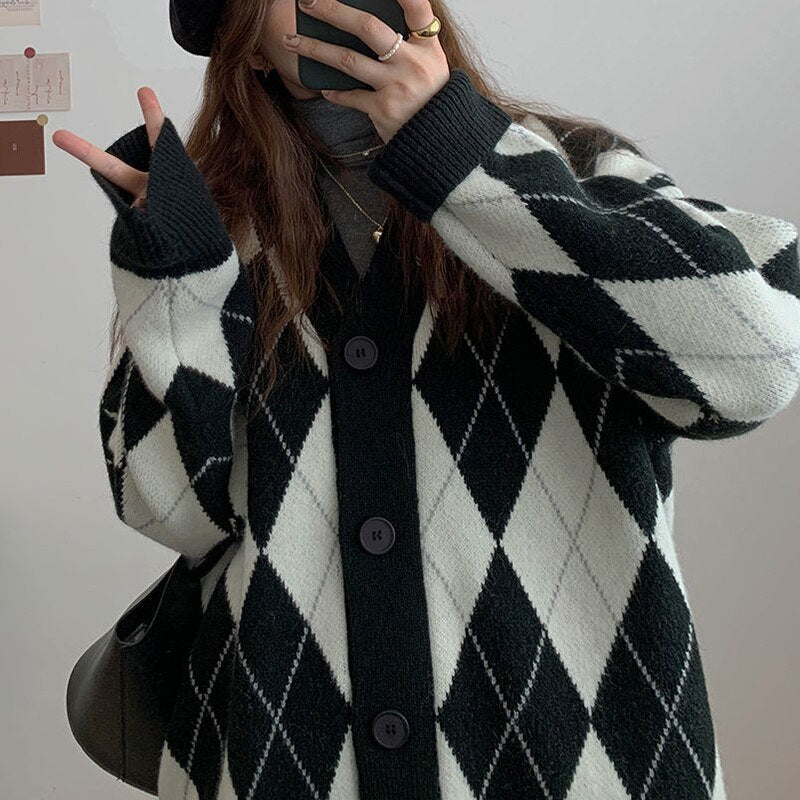 PENERAN Women Cardigan Sweater Loose Geometric Knit Sweater For Women Preppy Style Oversized Cardigan Winter V-Neck Students Kawaii Tops