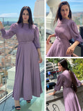 Woman Dress Elegant Office Lady Pleated Dress With Belt Round Neck Long Sleeve Long Dresses For Women Spring Autumn Clothing