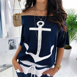 Peneran Women Two Piece Sets Dress Boat Anchor Print Sexy Off Shoulder Shirts Striped Dress Sets Ankle-Length Dress Summer Casual Outfit