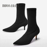 PENERAN 2019 Autumn Women Sock Boots Stretch Fabric Slip On 6CM High Heels Pointed Toe Ankle Boots Women Pumps Stiletto Ladies Shoes