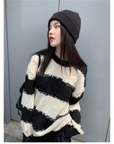 Thanksgiving Day Gifts NEW Women Basic Loose Hollow Out Thin Ripped Striped Sweater Lazy Loose Knitted Oversized Jumpers Tops Streetwear Pullover
