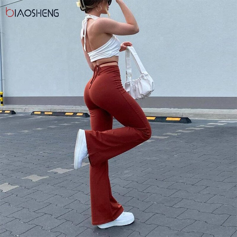 Christmas Gift Women's Pants Flare Pants High Waist Trousers Hollow Out Bandage New 2021 Sexy Fashion Long Brown Y2k Pant for Women Harajuku