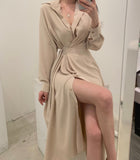 Christmas Gift Women Single Breasted Midi Lace Up Slim Solid Shirt Dress Long Sleeve Elegant Vestidos Femme