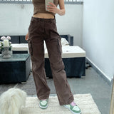 90s Vintage Brown Cargo Pants Pockets Women Autumn High Waist Jeans Y2K Long Trousers Korean Style Hip Hop Harajuku Streetwear