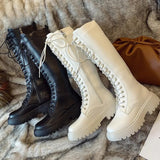 Thigh High Boots Flat Shoes Boots Women Gothic Black White Leather Boots Winter Shoes Sexy Lady Botas Lace Up Zapatos