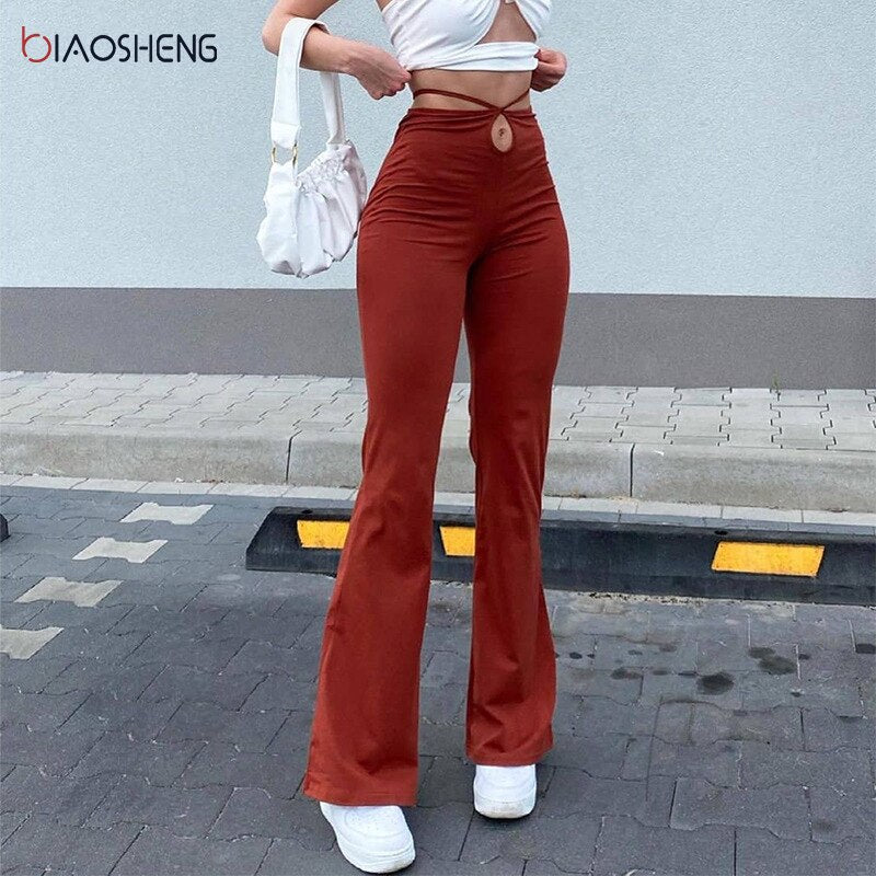 Christmas Gift Women's Pants Flare Pants High Waist Trousers Hollow Out Bandage New 2021 Sexy Fashion Long Brown Y2k Pant for Women Harajuku